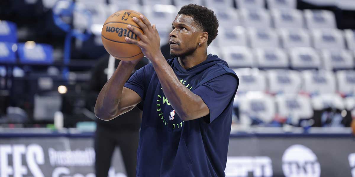 Timberwolves guard Anthony Edwards warms up before game five of the western conference finals against the Oklahoma City Thunder for the 2025 NBA Playoffs at Paycom Center