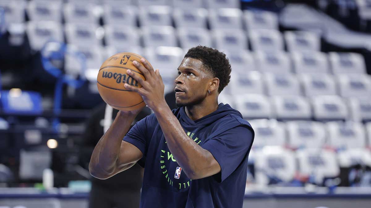 Timberwolves guard Anthony Edwards warms up before game five of the western conference finals against the Oklahoma City Thunder for the 2025 NBA Playoffs at Paycom Center