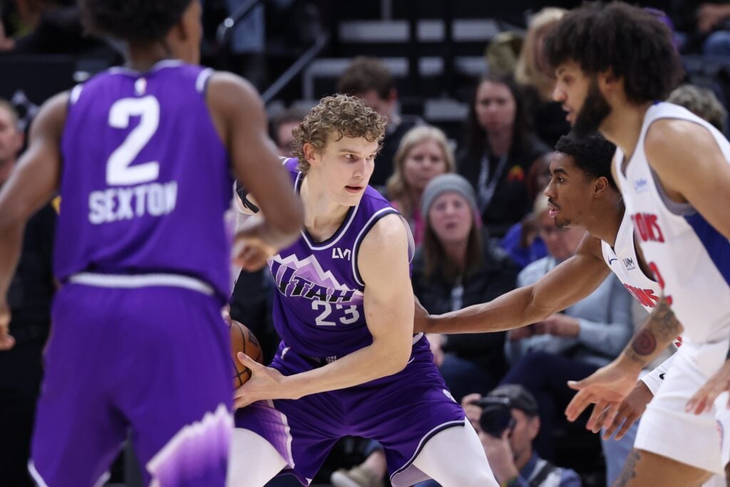 Jan 3, 2024; Salt Lake City, Utah, USA; Utah Jazz forward Lauri Markkanen (23) looks to move the ball against the Detroit Pistons during the third quarter at Delta Center. Mandatory Credit: Rob Gray-USA TODAY Sports