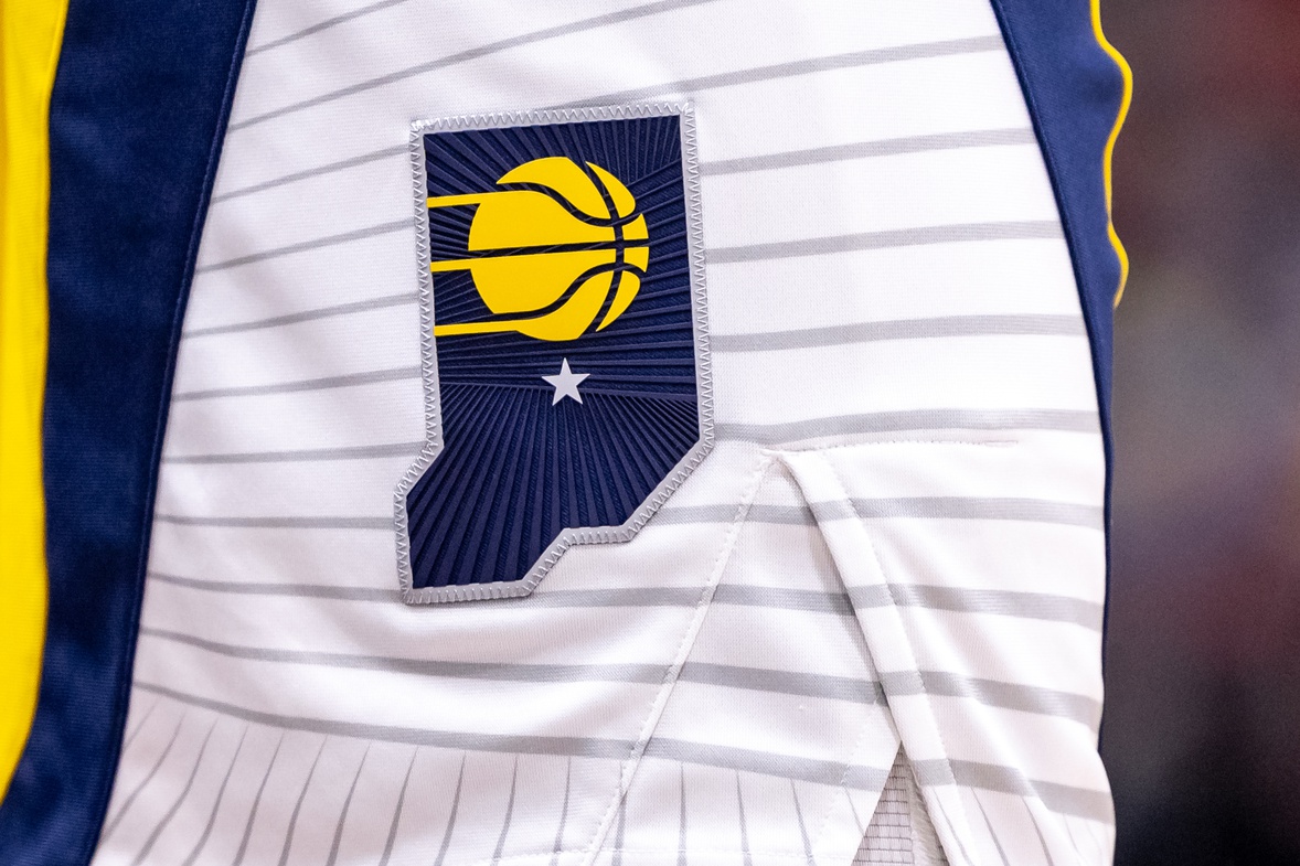 Nov 1, 2024; New Orleans, Louisiana, USA; Details view of the Indiana Pacers logo against the New Orleans Pelicans during the second half at Smoothie King Center. Mandatory Credit: Stephen Lew-Imagn Images