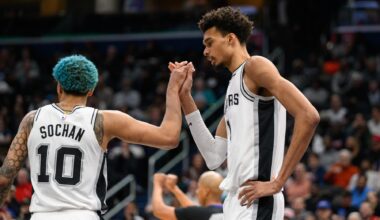 Feb 10, 2025; Washington, District of Columbia, USA; San Antonio Spurs center Victor Wembanyama (1) and San Antonio Spurs forward Jeremy Sochan (10) reacts during the fourth quarter against the Washington Wizards at Capital One Arena. Mandatory Credit: Reggie Hildred-Imagn Images