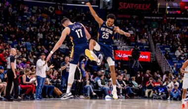 New Orleans Pelicans guard Trey Murphy III (25) celebrates making a three point basket with center Karlo Matkovic