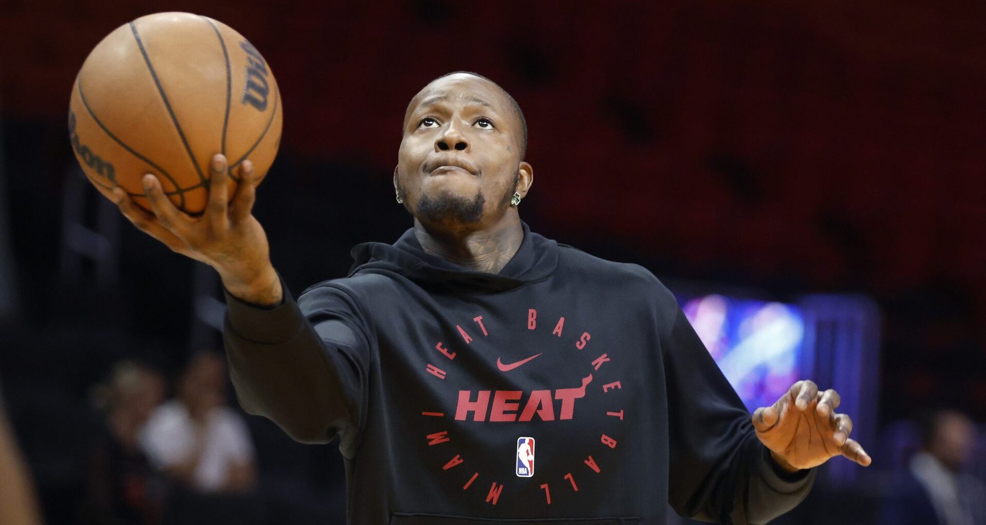 Mar 3, 2025; Miami, Florida, USA; Miami Heat guard Terry Rozier (2) warms up prior to the game against the Washington Wizards at Kaseya Center.