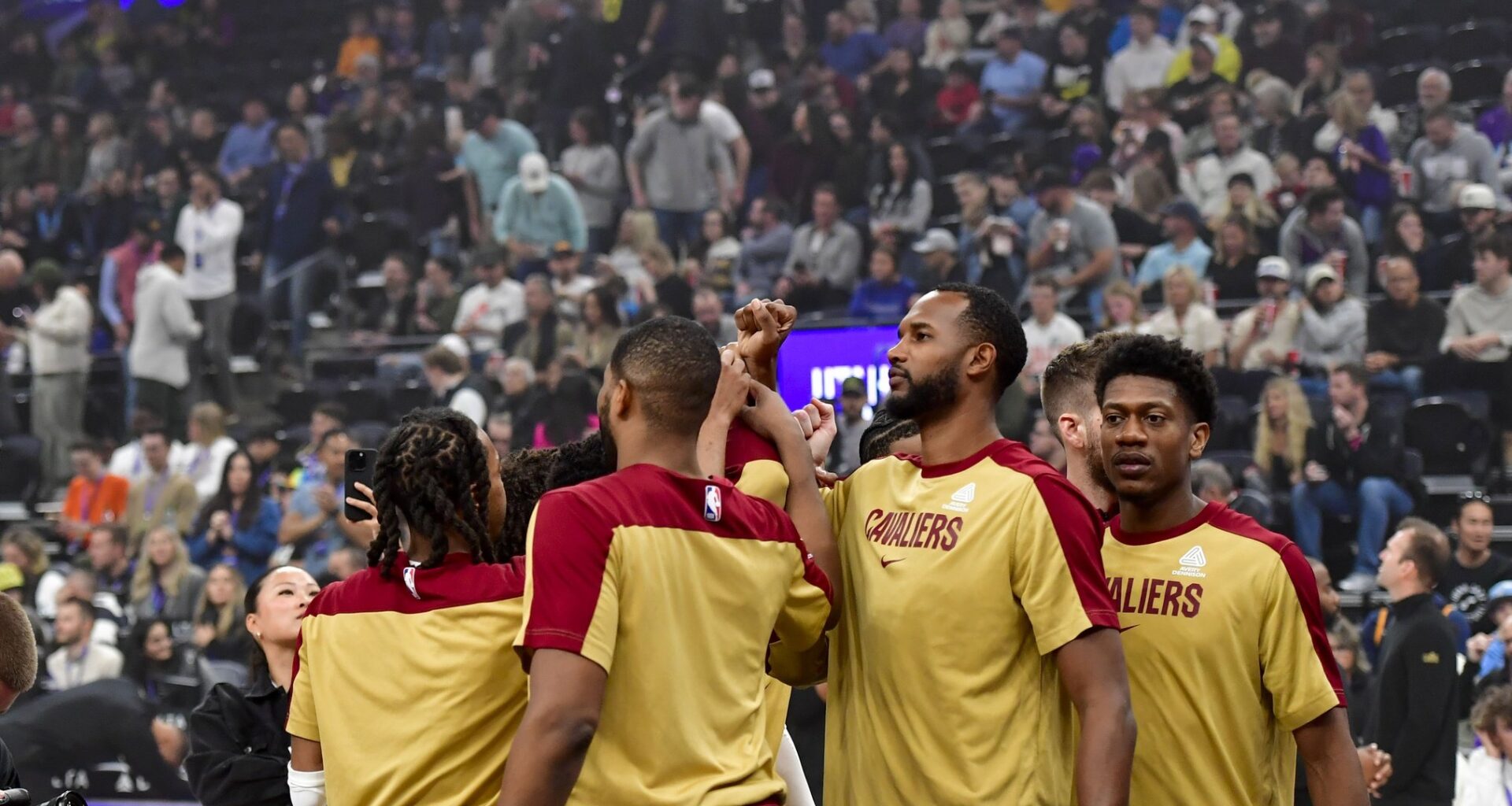 Mar 23, 2025; Salt Lake City, Utah, USA; Cleveland Cavaliers team huddles before the game against the Utah Jazz at Delta Center. Mandatory Credit: Peter Creveling-Imagn Images