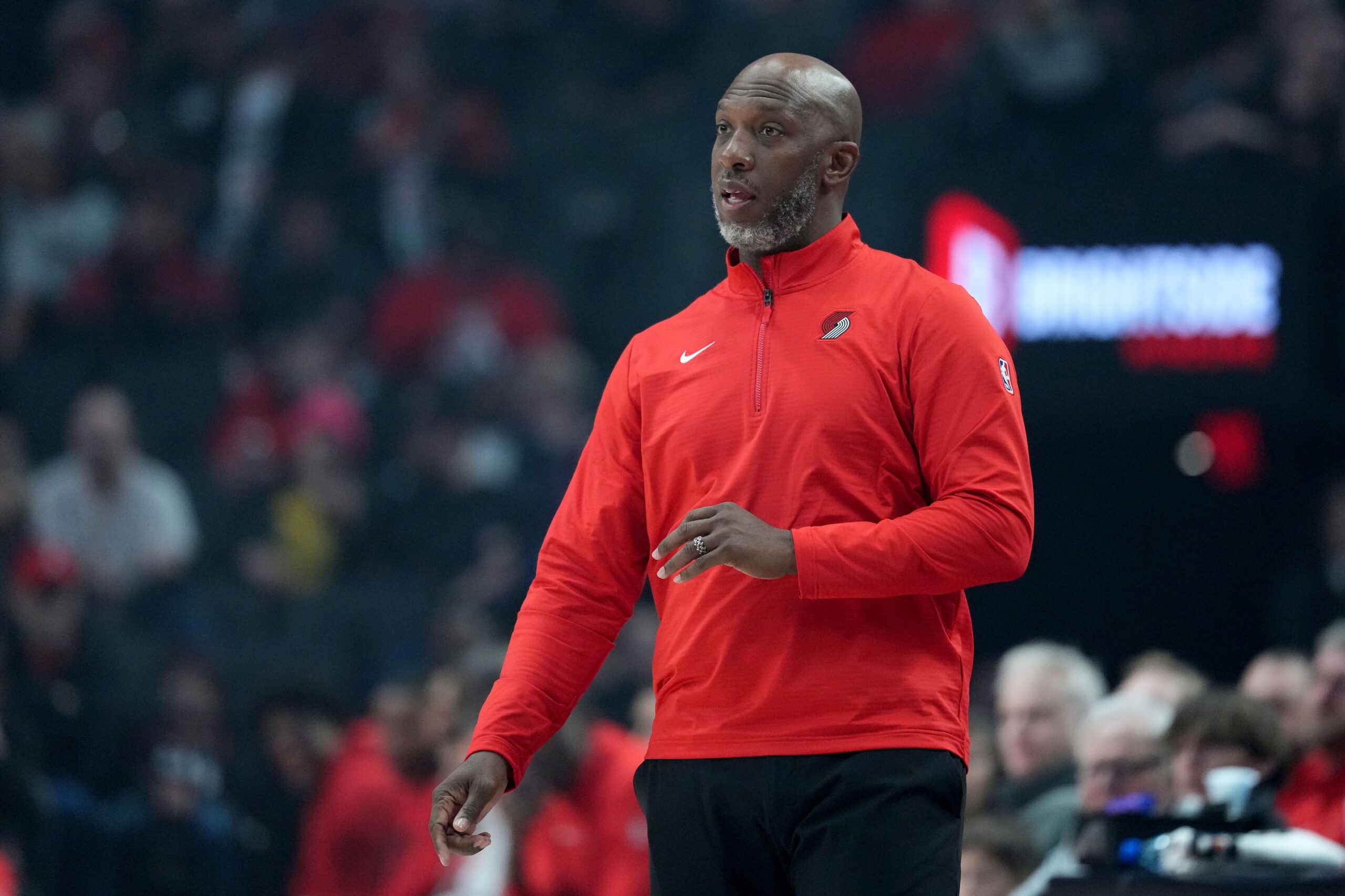 Apr 6, 2025; Portland, Oregon, USA; Portland Trail Blazers head coach Chauncey Billups watches from the sideline during the first half against the San Antonio Spurs at Moda Center. Mandatory Credit: Soobum Im-Imagn Images