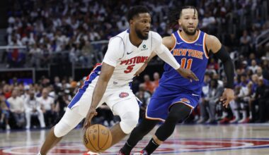 Apr 24, 2025; Detroit, Michigan, USA; Detroit Pistons guard Malik Beasley (5) dribbles on New York Knicks guard Jalen Brunson (11) in the second half during game three of first round for the 2024 NBA Playoffs at Little Caesars Arena.