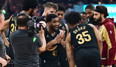 May 13, 2025; Cleveland, Ohio, USA; Cleveland Cavaliers guard Donovan Mitchell (45) talks to the during the first half of game five against the Indiana Pacers in the second round for the 2025 NBA Playoffs at Rocket Arena. Mandatory Credit: Ken Blaze-Imagn Images
