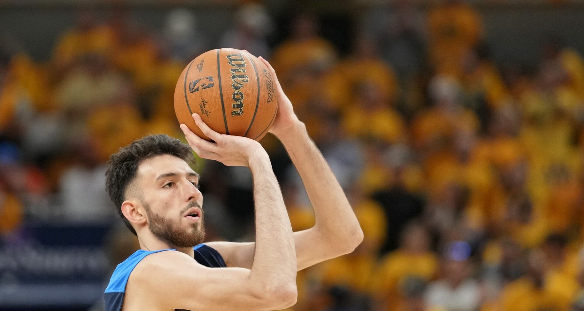 Jun 19, 2025; Indianapolis, Indiana, USA; Oklahoma City Thunder forward Chet Holmgren (7) warms up before game six of the 2025 NBA Finals between the Oklahoma City Thunder and the Indiana Pacers at Gainbridge Fieldhouse. Mandatory Credit: Kyle Terada-Imagn Images