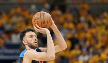 Jun 19, 2025; Indianapolis, Indiana, USA; Oklahoma City Thunder forward Chet Holmgren (7) warms up before game six of the 2025 NBA Finals between the Oklahoma City Thunder and the Indiana Pacers at Gainbridge Fieldhouse. Mandatory Credit: Kyle Terada-Imagn Images