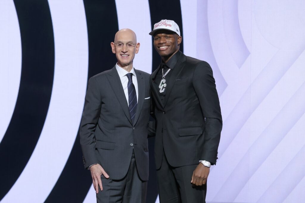 Cedric Coward stands with NBA commissioner Adam Silver after being selected as the 11th pick by the Portland Trail Blazers in the first round of the 2025 NBA Draft at Barclays Center. 