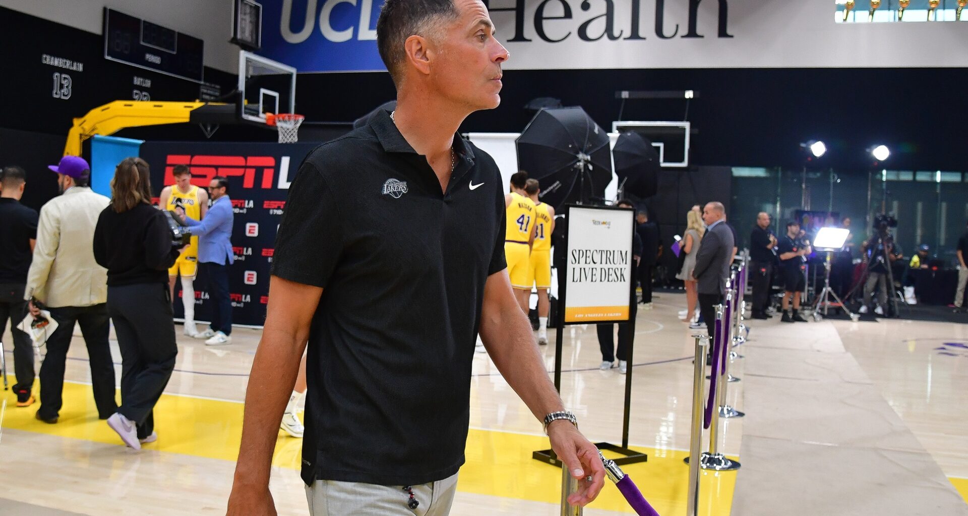Sep 29, 2025; Los Angeles, CA, USA; Los Angeles Lakers president of basketball operations and general manager Rob Pelinka during media day at UCLA Health Training Center. Mandatory Credit: Gary A. Vasquez-Imagn Images