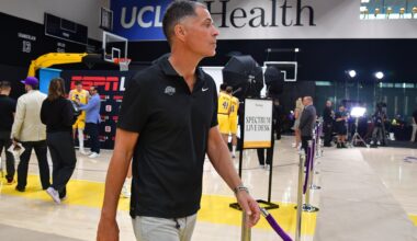 Sep 29, 2025; Los Angeles, CA, USA; Los Angeles Lakers president of basketball operations and general manager Rob Pelinka during media day at UCLA Health Training Center. Mandatory Credit: Gary A. Vasquez-Imagn Images