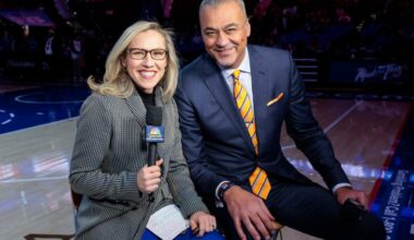 Kate Scott, here with broadcast partner Alaa Abdelnaby, has been the voice of the Sixers since 2021.