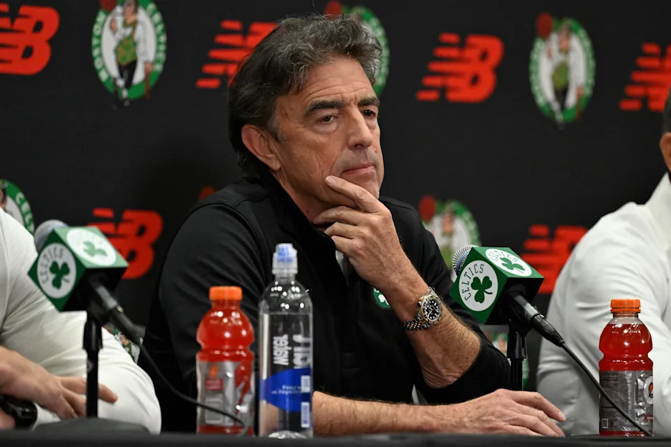Sep 25, 2025; Boston, MA, USA; Boston Celtics co-owner, alternate governor and CEO Wyc Grousbeck listens as a question is asked during a press conference at the Auerbach Center. Mandatory Credit: Eric Canha-Imagn Images
