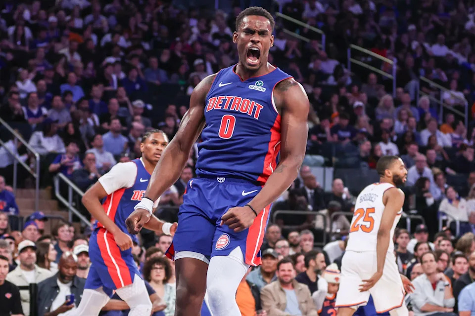 Apr 19, 2025; New York, New York, USA; Detroit Pistons center Jalen Duren (0) reacts after scoring against the New York Knicks in Game One of the First Round of the NBA Playoffs at Madison Square Garden. Mandatory Credit: Wendell Cruz-Imagn Images