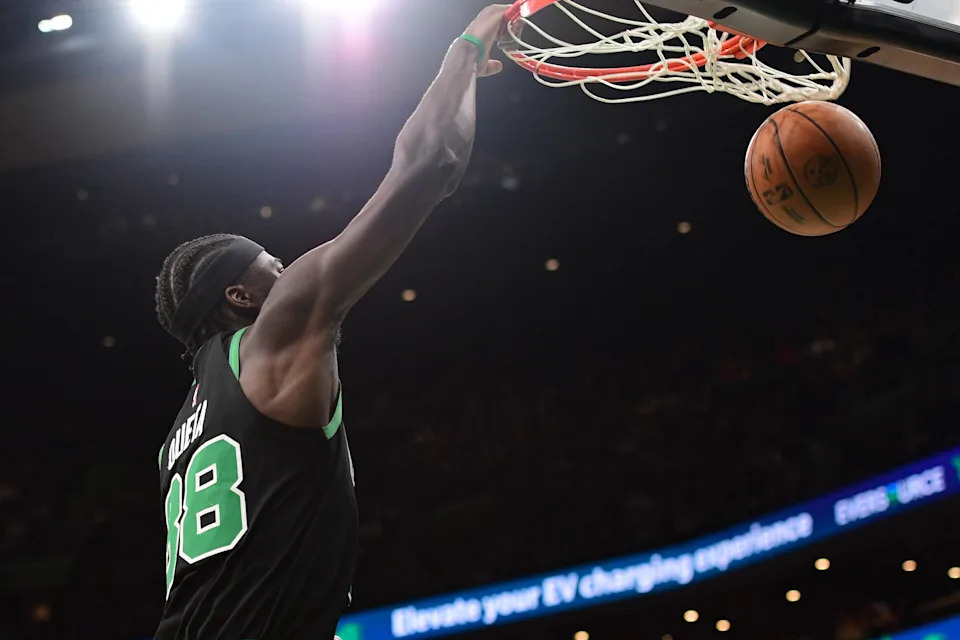 Apr 6, 2025; Boston, Massachusetts, USA; Boston Celtics center Neemias Queta (88) dunks the ball during the second half against the Washington Wizards at TD Garden. Mandatory Credit: Bob DeChiara-Imagn Images