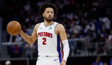 Detroit Pistons guard Cade Cunningham (2) dribbles defended by New York Knicks forward OG Anunoby (8) in the second half during game six of first round for the 2024 NBA Playoffs at Little Caesars Arena.