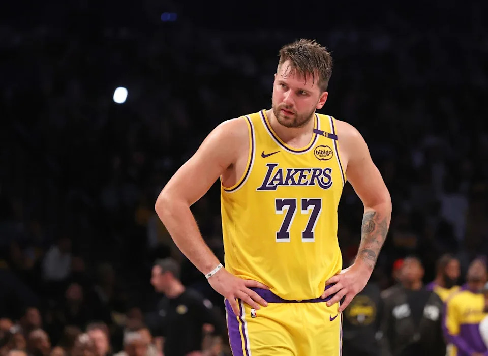 Luka Doncic of the Los Angeles Lakers reacts on the court during the fourth quarter. Charles Wenzelberg/New York Post