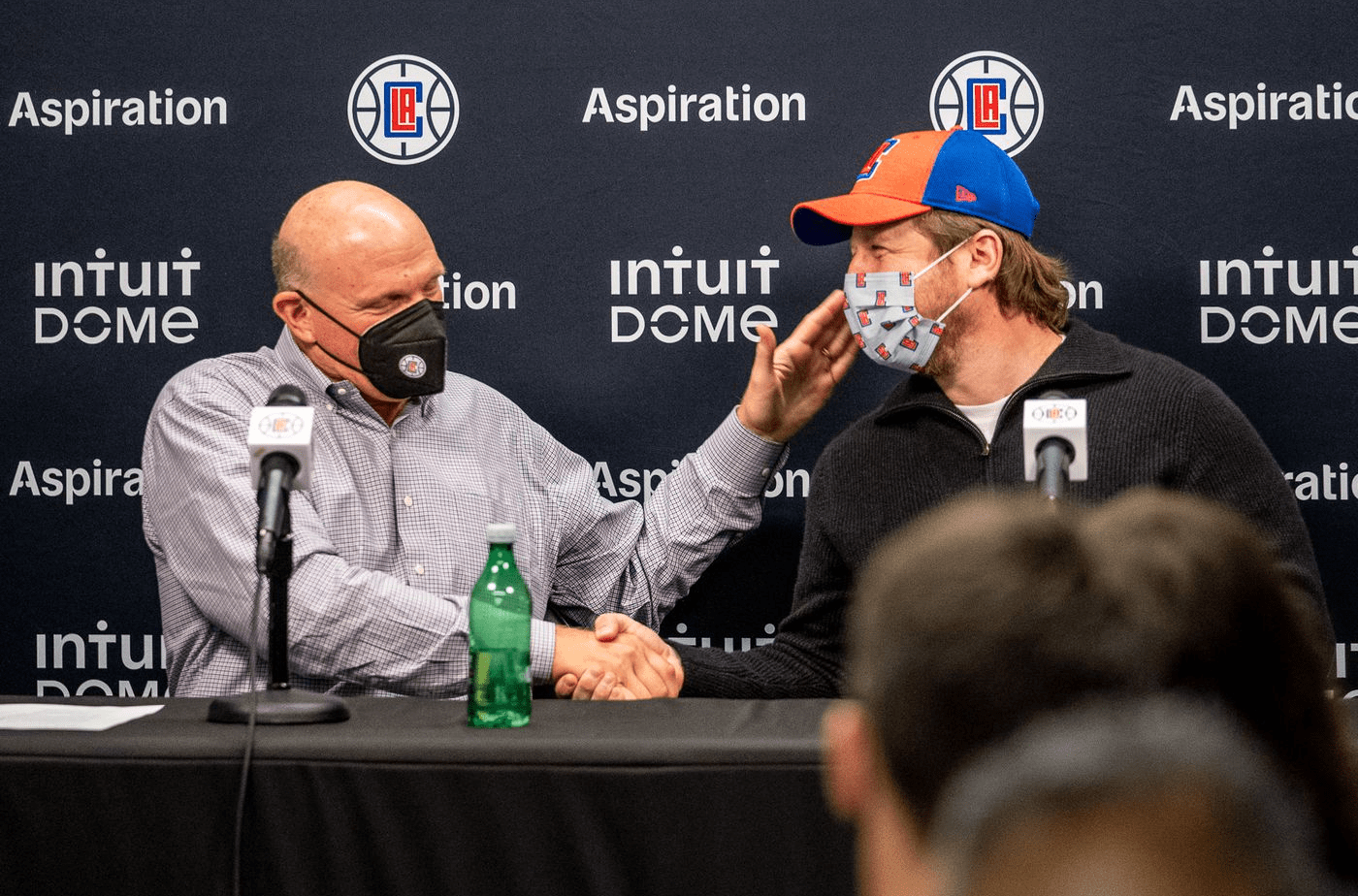 LA Clippers owner Steve Ballmer (left), Aspiration Co-founder Joe Sanberg (right). Sep. 27 2021. - X/LA Clippers