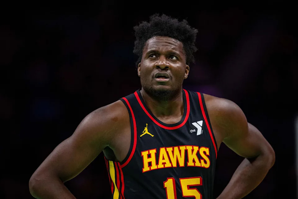Atlanta Hawks center Clint Capela (15) reacts during the second quarter against the Charlotte Hornets at Spectrum Center.Scott Kinser-Imagn Images