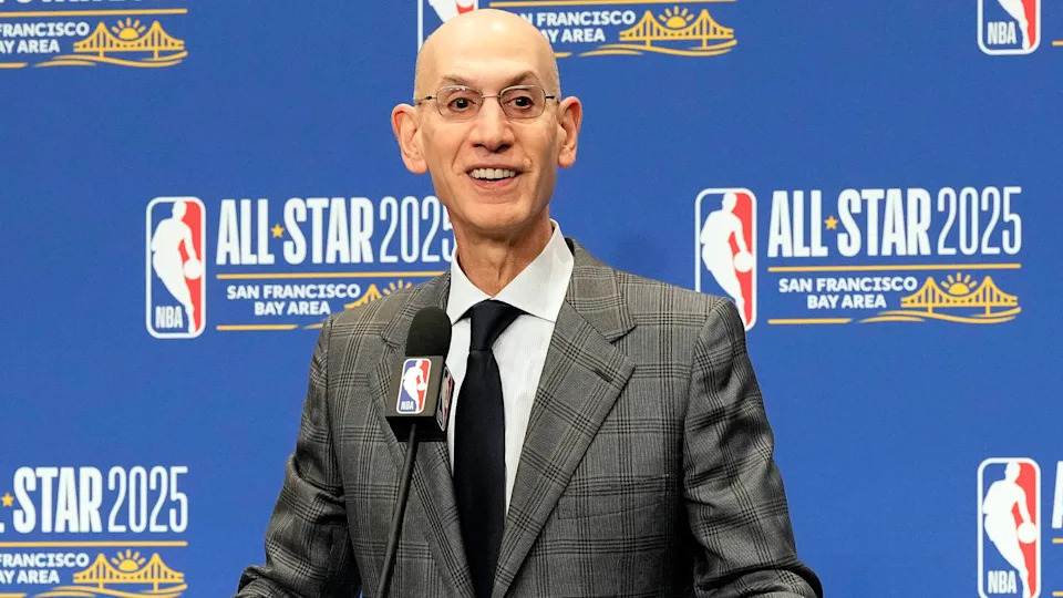 Adam Silver, NBA Commissioner, speaking at a podium with an NBA All-Star 2025 backdrop.