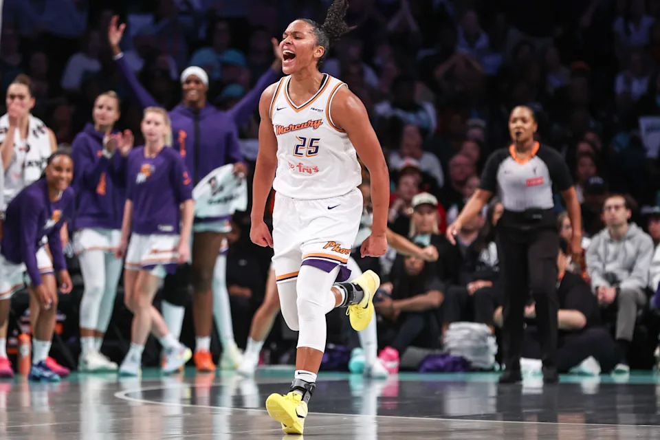 Sep 17, 2025; Brooklyn, New York, USA; Phoenix Mercury forward Alyssa Thomas (25) celebrates after a time out called by the New York Liberty during game two of round one for the 2025 WNBA Playoffs at Barclays Center. Mandatory Credit: Wendell Cruz-Imagn Images