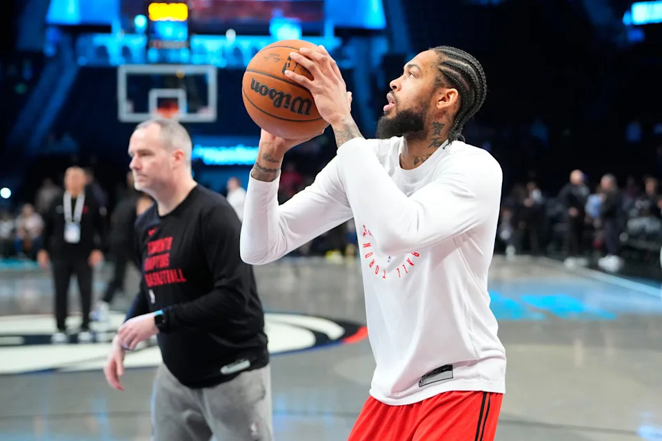 Apr 6, 2025; Brooklyn, New York, USA; Toronto Raptors small forward Brandon Ingram (3) warms up prior to the game against the Brooklyn Nets at Barclays Center. Mandatory Credit: Gregory Fisher-Imagn Images