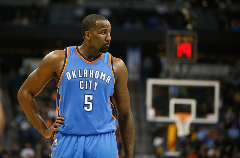 Feb 9, 2015; Denver, CO, USA; Oklahoma City Thunder center Kendrick Perkins (5) during the game against the Denver Nuggets at Pepsi Center. Mandatory Credit: Chris Humphreys-USA TODAY Sports