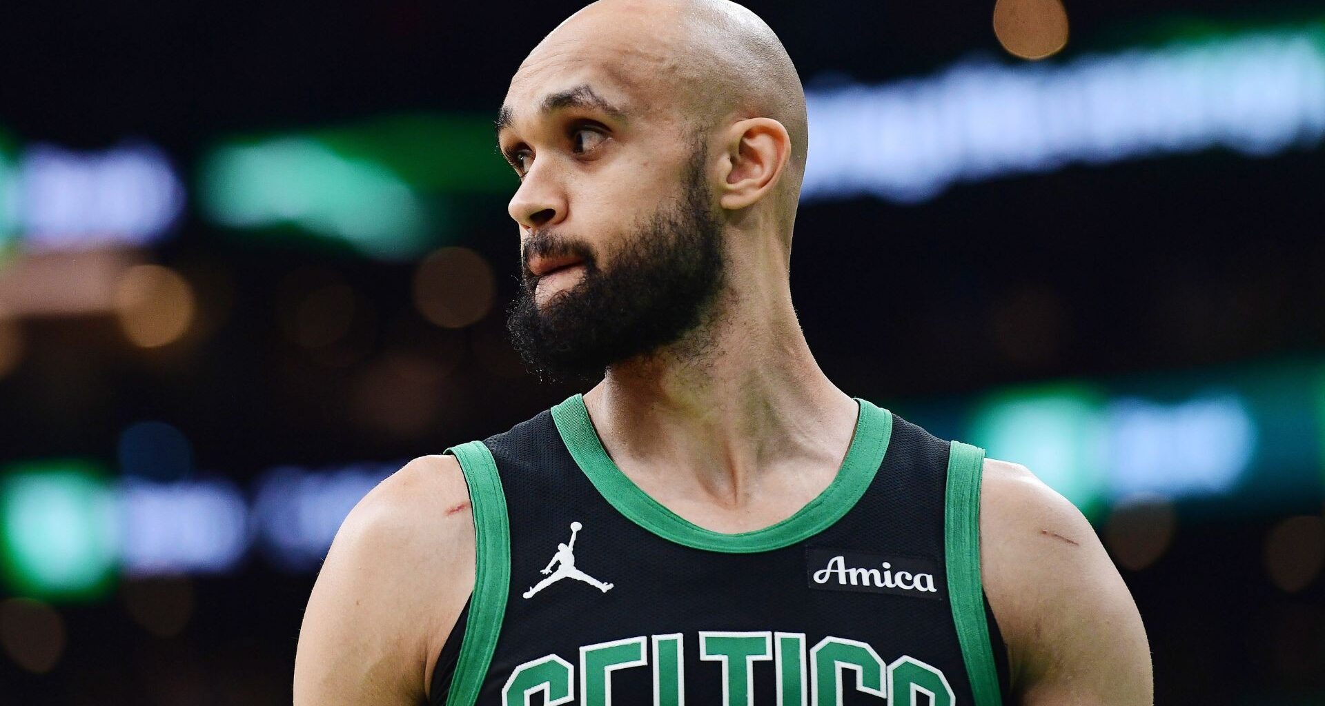 Dec 19, 2023; San Francisco, California, USA; Boston Celtics guard Derrick White (9) and Golden State Warriors guard Stephen Curry (30) on the court during the overtime period at Chase Center.