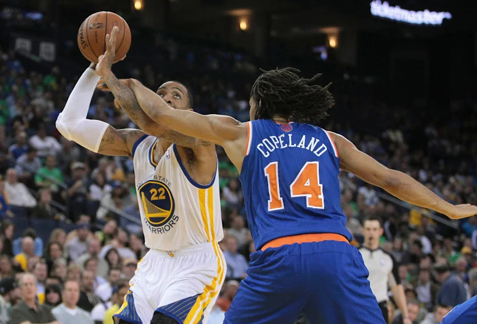 Mar 11, 2013; Oakland, CA, USA; New York Knicks small forward Chris Copeland (14) fouls Golden State Warriors power forward Malcolm Thomas (22) during the fourth quarter at Oracle Arena. The Golden State Warriors defeated the New York Knicks 92-63. Mandatory Credit: Kelley L Cox-USA TODAY Sports