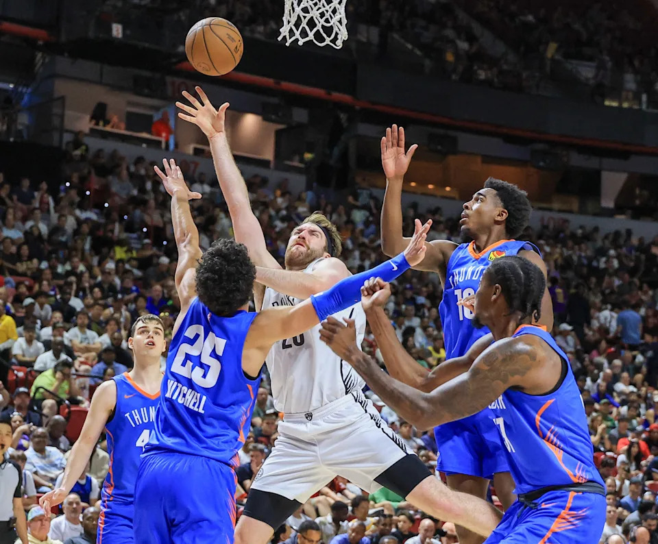 LAS VEGAS, NEVADA - JULY 10: Drew Timme #26 of the Brooklyn Nets shoots against Nikola Topic #44, Ajay Mitchell #25, Cameron Brown #16 and Hason Ward #31 of the Oklahoma City Thunder in the second half of a 2025 NBA Summer League game at the Thomas & Mack Center on July 10, 2025 in Las Vegas, Nevada. NOTE TO USER: User expressly acknowledges and agrees that, by downloading and or using this photograph, User is consenting to the terms and conditions of the Getty Images License Agreement. (Photo by Ethan Miller/Getty Images)