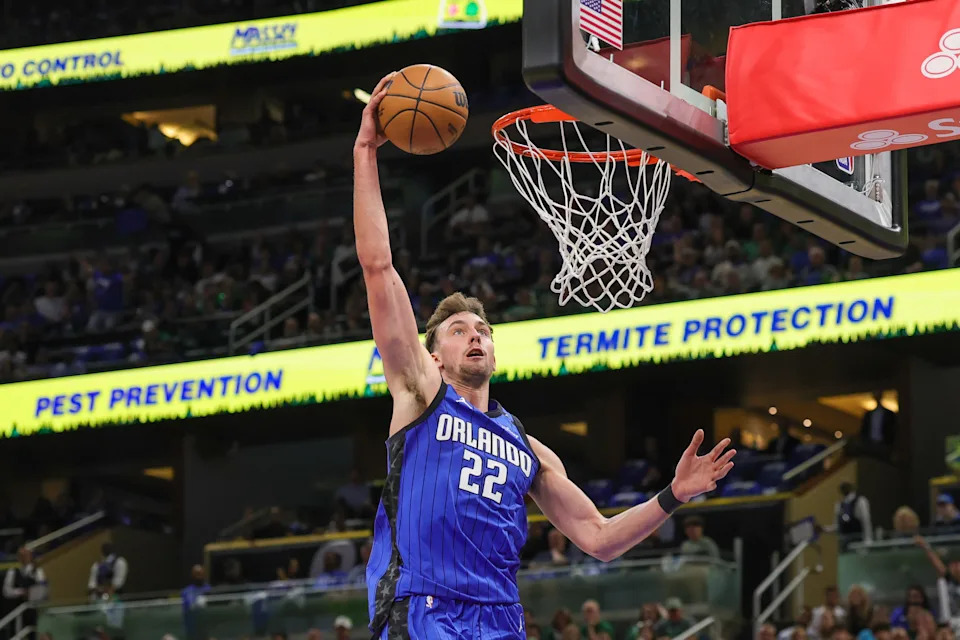 Apr 25, 2025; Orlando, Florida, USA; Orlando Magic forward Franz Wagner (22) dunks against the Boston Celtics during the second quarter of game three of first round for the 2024 NBA Playoffs at Kia Center. Mandatory Credit: Mike Watters-Imagn Images