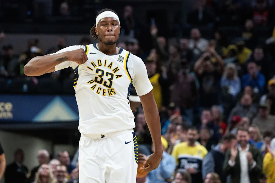 Mar 4, 2025; Indianapolis, Indiana, USA; Indiana Pacers center Myles Turner (33) celebrates a made basket in the second half against the Houston Rockets at Gainbridge Fieldhouse. Mandatory Credit: Trevor Ruszkowski-Imagn Images