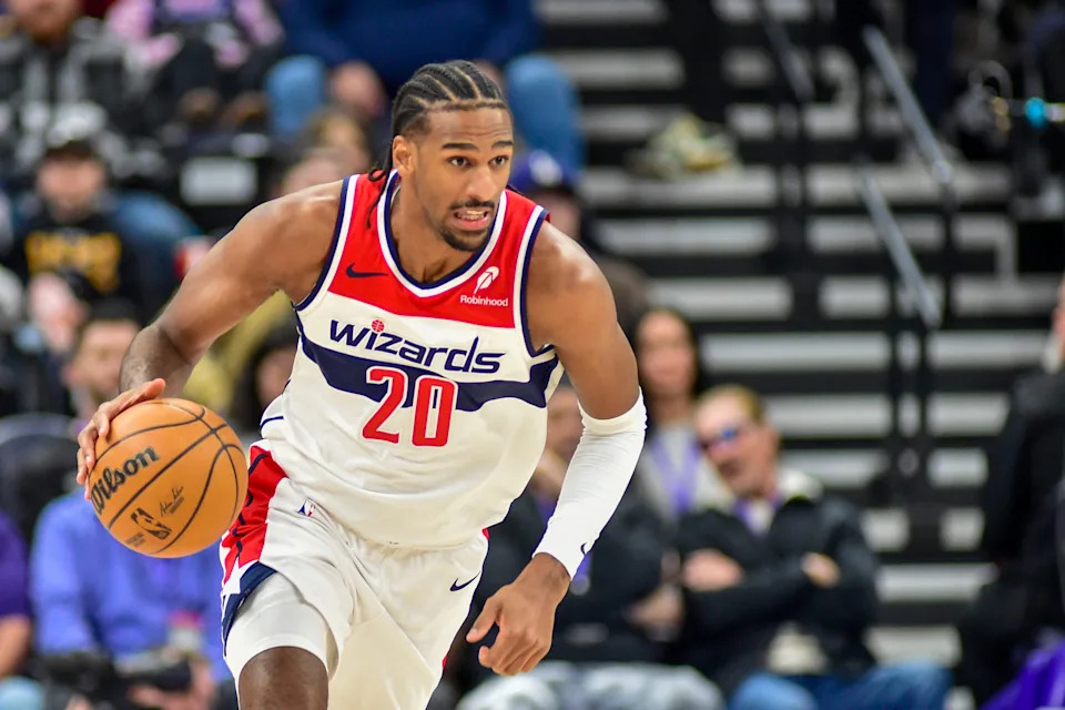 Mar 19, 2025; Salt Lake City, Utah, USA; Washington Wizards center Alex Sarr (20) make a breakaway against the Utah Jazz during the first half at the Delta Center. Mandatory Credit: Peter Creveling-Imagn Images