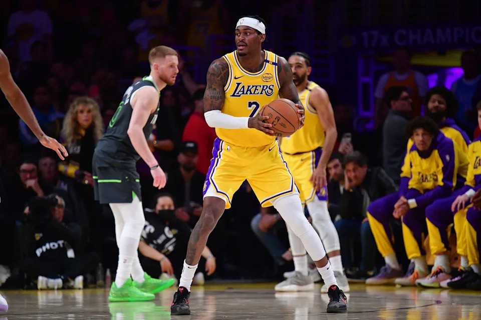 Apr 30, 2025; Los Angeles, California, USA; Los Angeles Lakers forward Jarred Vanderbilt (2) controls the ball against the Minnesota Timberwolves during the second half in game five of first round for the 2025 NBA Playoffs at Crypto.com Arena. Mandatory Credit: Gary A. Vasquez-Imagn Images