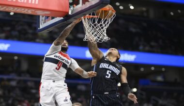 Washington Wizards forward Justin Champagnie (9) goes to the basket against Orlando Magic forward Paolo Banchero (5) during the first half of an NBA basketball game, Thursday, April 3, 2025, in Washington. (AP Photo/Nick Wass)
