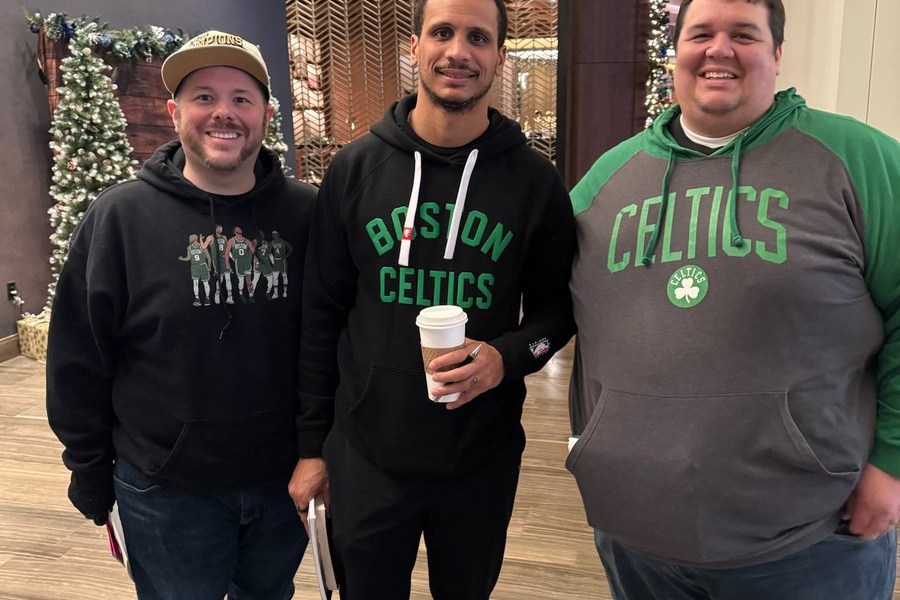Craig and Scott Morency bump into Joe Mazzulla at the hotel lobby in Oklahoma City in January of 2025.
