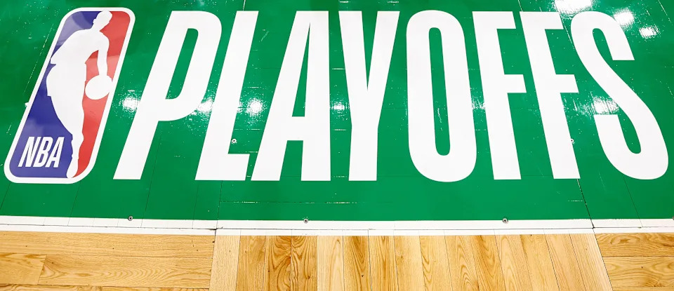 Apr 23, 2025; Boston, Massachusetts, USA; The NBA palyoff logo is seen on the court before game two of first round of the 2024 NBA Playoffs between the Boston Celtics and the Orlando Magic at TD Garden. Mandatory Credit: Winslow Townson-Imagn Images