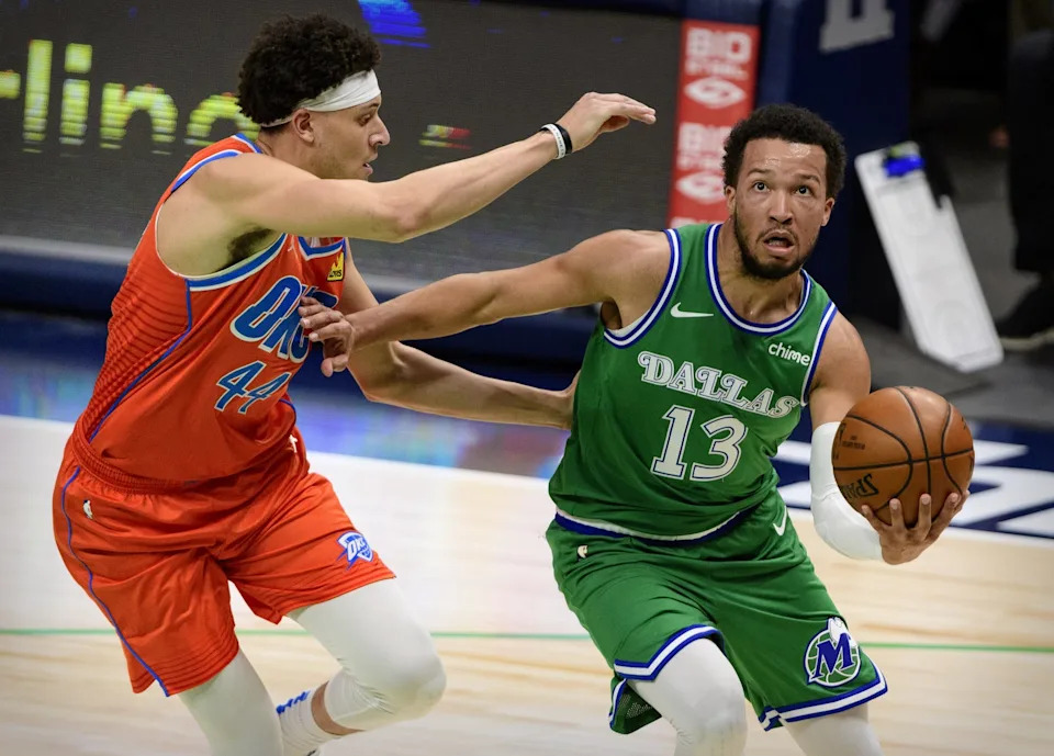 Mar 3, 2021; Dallas, Texas, USA; Dallas Mavericks guard Jalen Brunson (13) drives to the basket past Oklahoma City Thunder forward Justin Jackson (44) during the second quarter at the American Airlines Center. Mandatory Credit: Jerome Miron-USA TODAY Sports