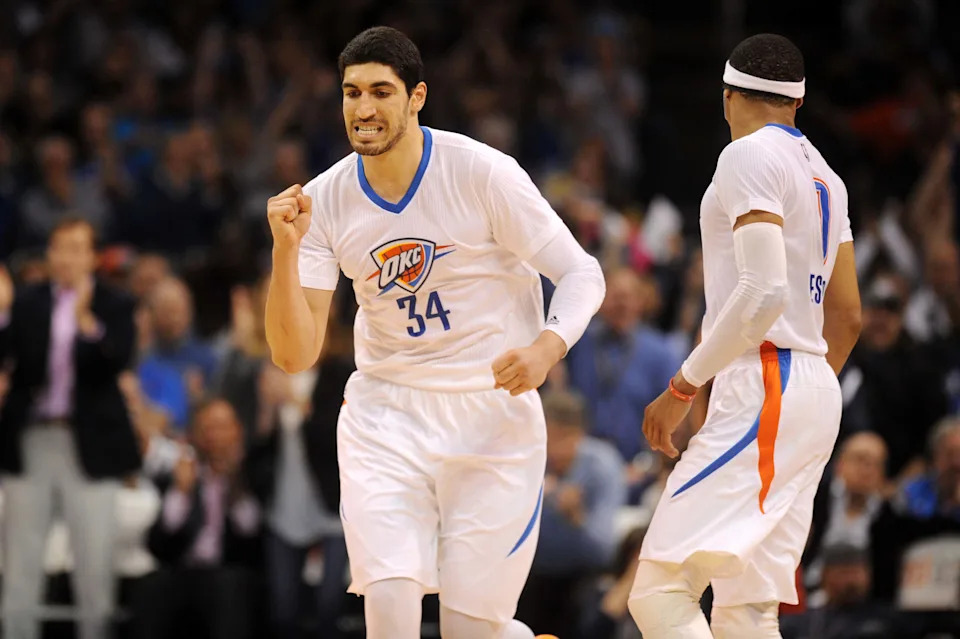 Mar 8, 2015; Oklahoma City, OK, USA; Oklahoma City Thunder center Enes Kanter (34) reacts after a play against the Toronto Raptors during the second quarter at Chesapeake Energy Arena. Mandatory Credit: Mark D. Smith-USA TODAY Sports