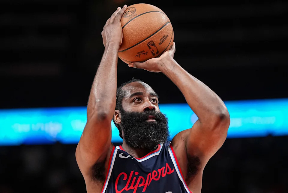 Mar 14, 2025; Atlanta, Georgia, USA; LA Clippers guard James Harden (1) shoots a free throw against the Atlanta Hawks during the second half at State Farm Arena. Mandatory Credit: Dale Zanine-Imagn Images