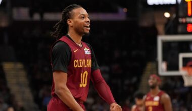 Cleveland Cavaliers guard Darius Garland (10) celebrates in the first half of an NBA basketball game against the Charlotte Hornets, Sunday, Jan. 5, 2025, in Cleveland. (AP Photo/Sue Ogrocki)