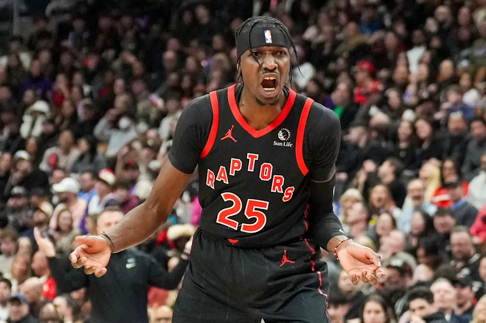 Feb 21, 2025; Toronto, Ontario, CAN; Toronto Raptors forward Chris Boucher (25) reacts during a NBA game against the Miami Heat at Scotiabank Arena. Mandatory Credit: Kevin Sousa-Imagn Images