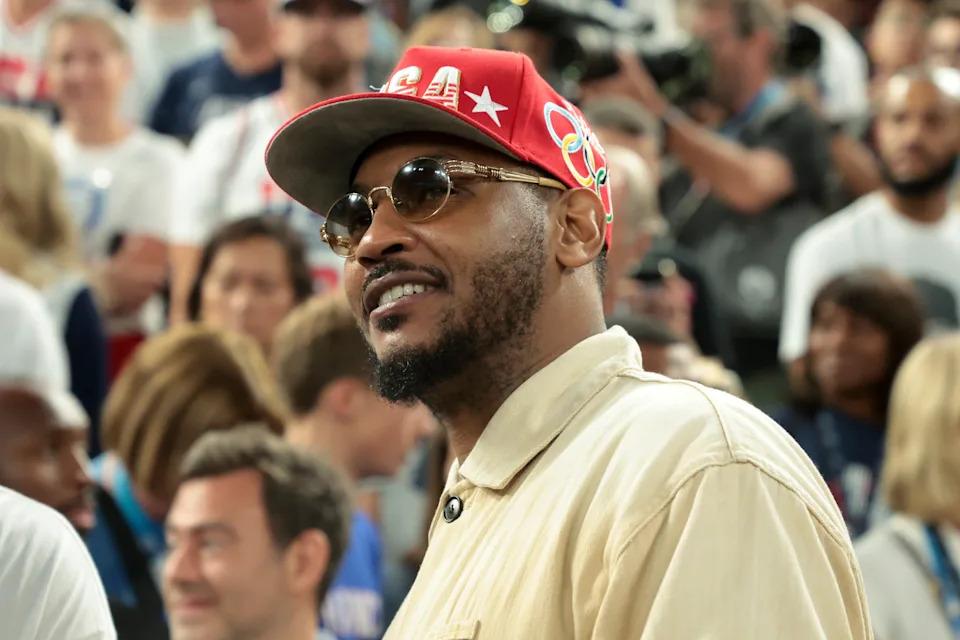 PARIS, FRANCE - AUGUST 10: Carmelo Anthony attends the Basketball Men's Gold Medal match between Team France and Team USA on day fifteen of the Olympic Games Paris 2024 at Bercy Arena on August 10, 2024 in Paris, France. (Photo by Jean Catuffe/Getty Images)