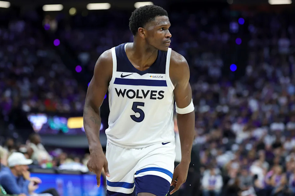 Oct 24, 2024; Sacramento, California, USA; Minnesota Timberwolves guard Anthony Edwards (5) looks on after scoring a basket during the fourth quarter against the Sacramento Kings at Golden 1 Center. Mandatory Credit: Sergio Estrada-Imagn Images