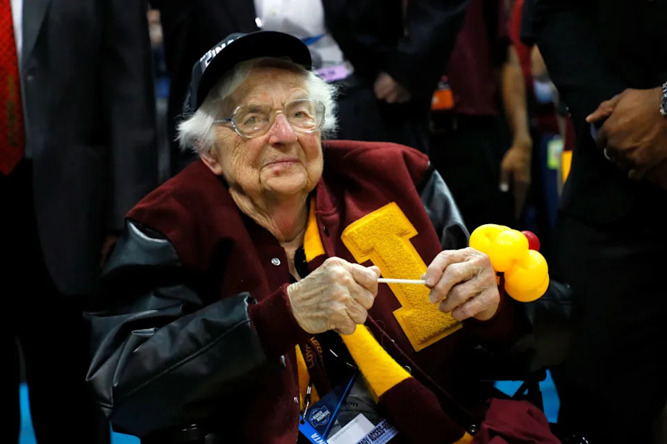 ATLANTA, GA - MARCH 24: Sister Jean Dolores Schmidt celebrates with the Loyola Ramblers after defeating the Kansas State Wildcats during the 2018 NCAA Men's Basketball Tournament South Regional at Philips Arena on March 24, 2018 in Atlanta, Georgia. Loyola defeated Kansas State 78-62 (Photo by Kevin C. Cox/Getty Images)Kevin C&period; Cox&sol;Getty Images&period;