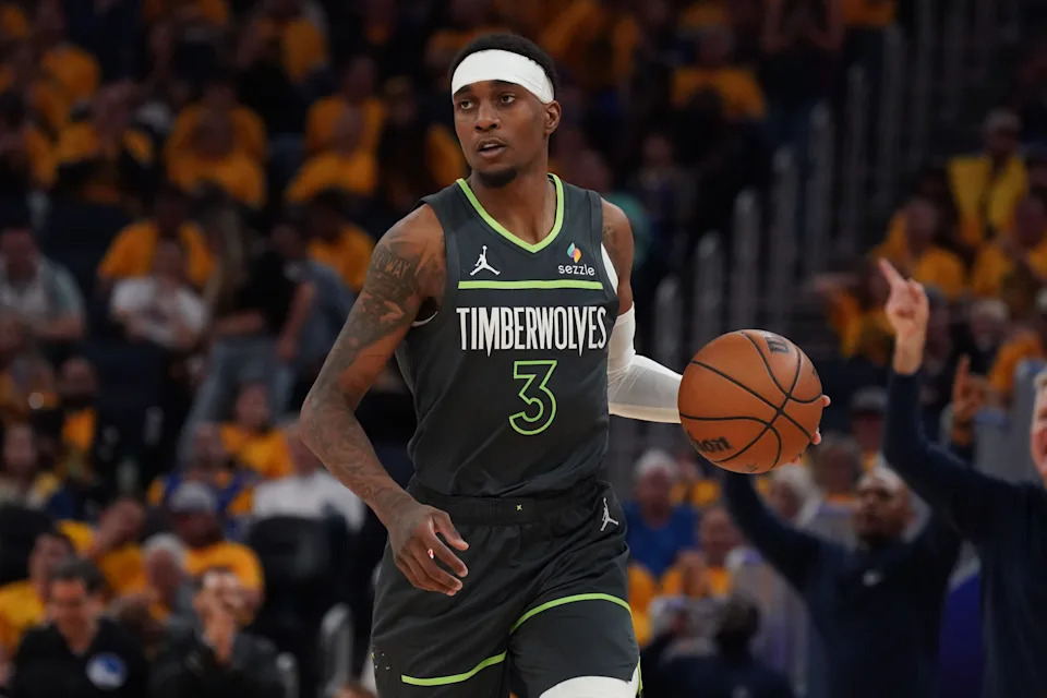 May 10, 2025; San Francisco, California, USA; Minnesota Timberwolves forward Jaden McDaniels (3) dribbles upcourt against the Golden State Warriors in the third quarter during game three in the second round for the 2025 NBA Playoffs at Chase Center. Mandatory Credit: David Gonzales-Imagn Images