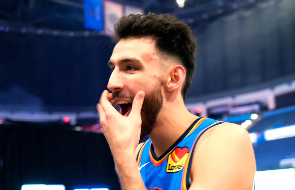 Chet Holmgren (7) reacts during the Thunder Media Day for the 25-26 NBA season at the Paycom CenterMonday, Sept. 29, 2025.