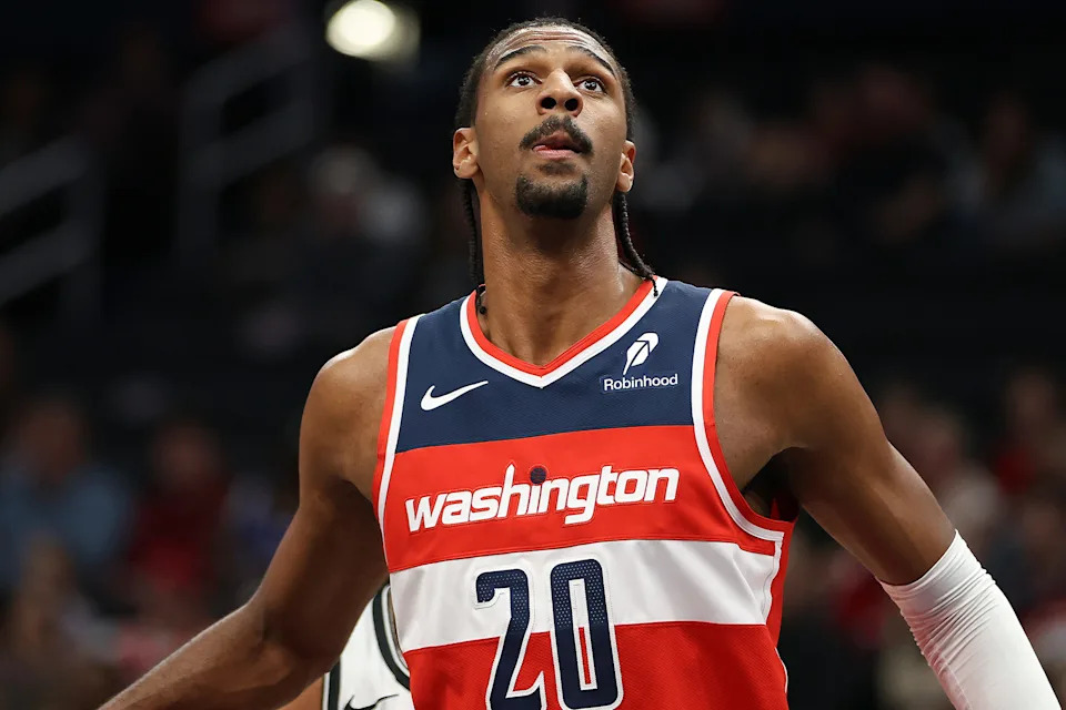 Mar 29, 2025; Washington, District of Columbia, USA; Washington Wizards forward Alex Sarr (20) looks on during the first half against the Brooklyn Nets at Capital One Arena. Mandatory Credit: Daniel Kucin Jr.-Imagn Images