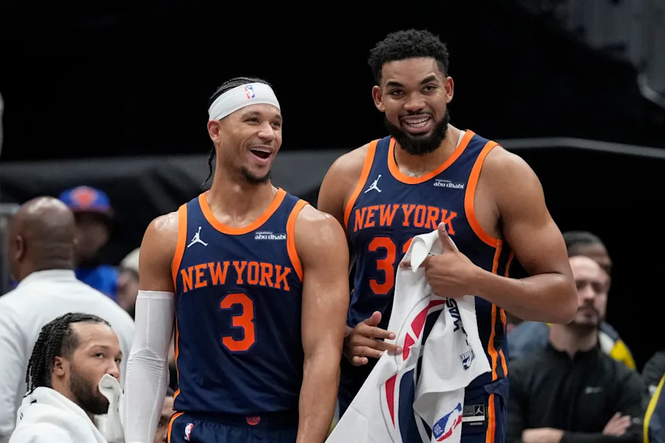 Josh Hart #3 and Karl-Anthony Towns #32 of the New York Knicks smile near the bench in the fourth quarter against the Washington Wizards at Capital One Arena on December 30, 2024 in Washington, DC. (Photo by Jess Rapfogel/Getty Images)Photo by Jess Rapfogel&sol;Getty Images